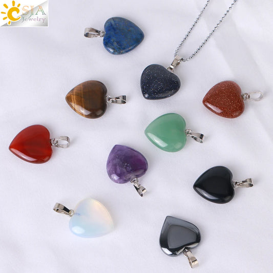 CSJA Heart Crystals Natural Stone Necklaces Pendants Women Carnelian Pink Quartz Clear Amethysts Crystal Healing Necklace E594