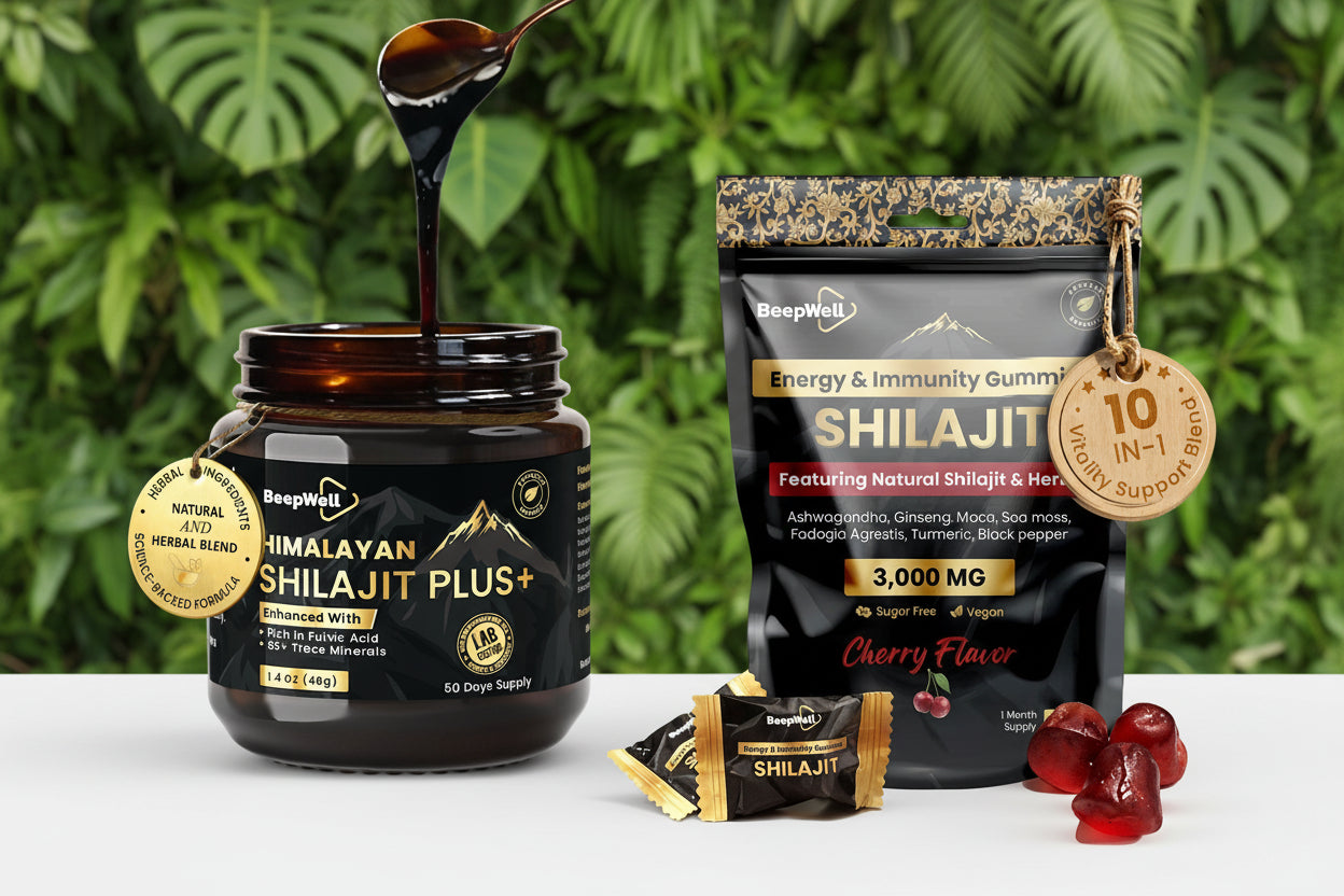 BeepWell Shilajit Resin & Gummies Combo – Fulvic Acid + Ayurvedic Blend – 50g Resin (50 Servings) & 60 Gummies – For Men & Women