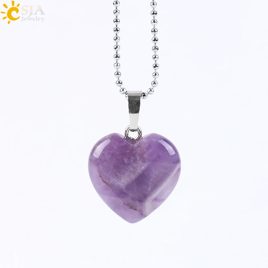 CSJA Heart Crystals Natural Stone Necklaces  Pendants Women Carnelian Pink Quartz Clear Amethysts Crystal Healing Necklace E594
