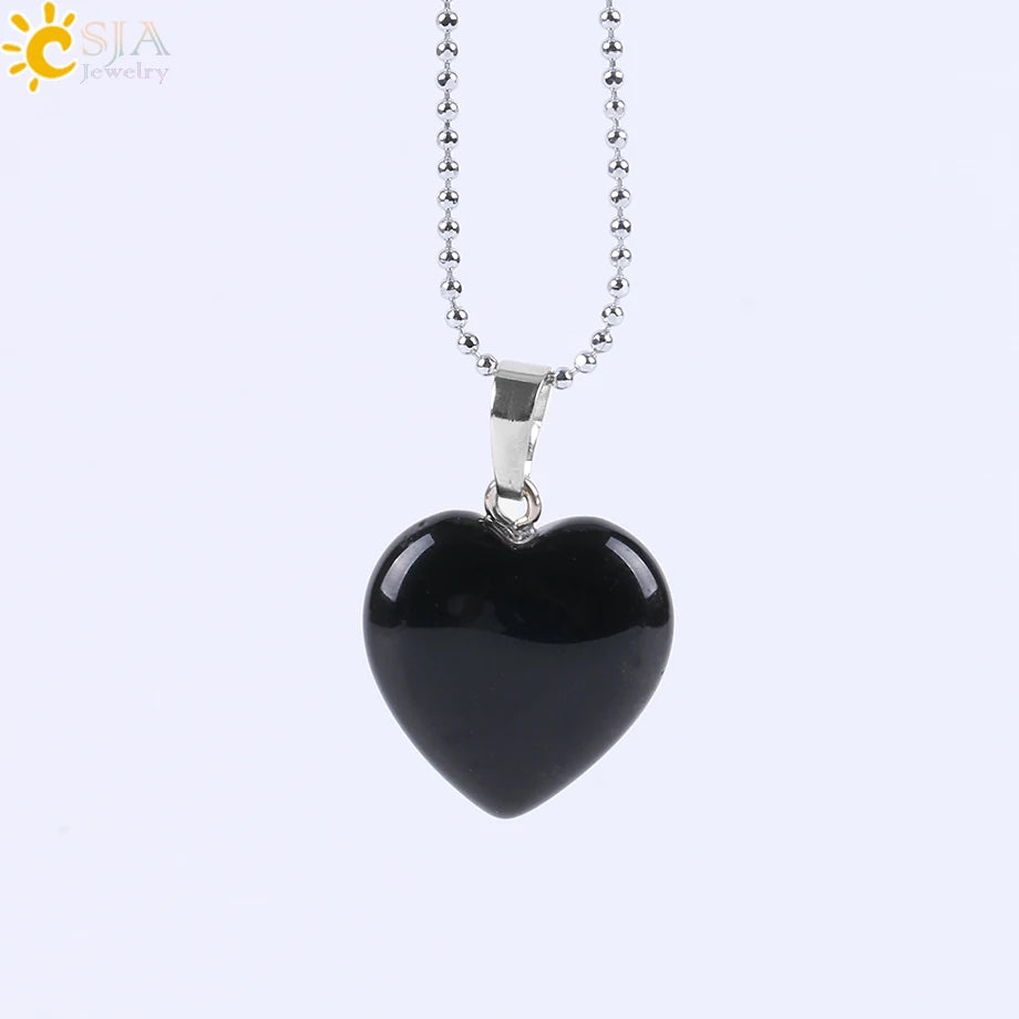 CSJA Heart Crystals Natural Stone Necklaces  Pendants Women Carnelian Pink Quartz Clear Amethysts Crystal Healing Necklace E594