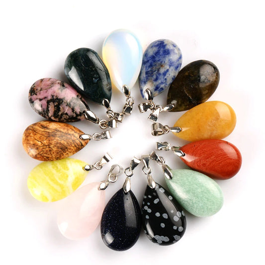 Assorted Natural Stone Water Drop Pendants Pendulum Crystal Fluorite Opalite obsidian Chakra Healing Reiki Beads