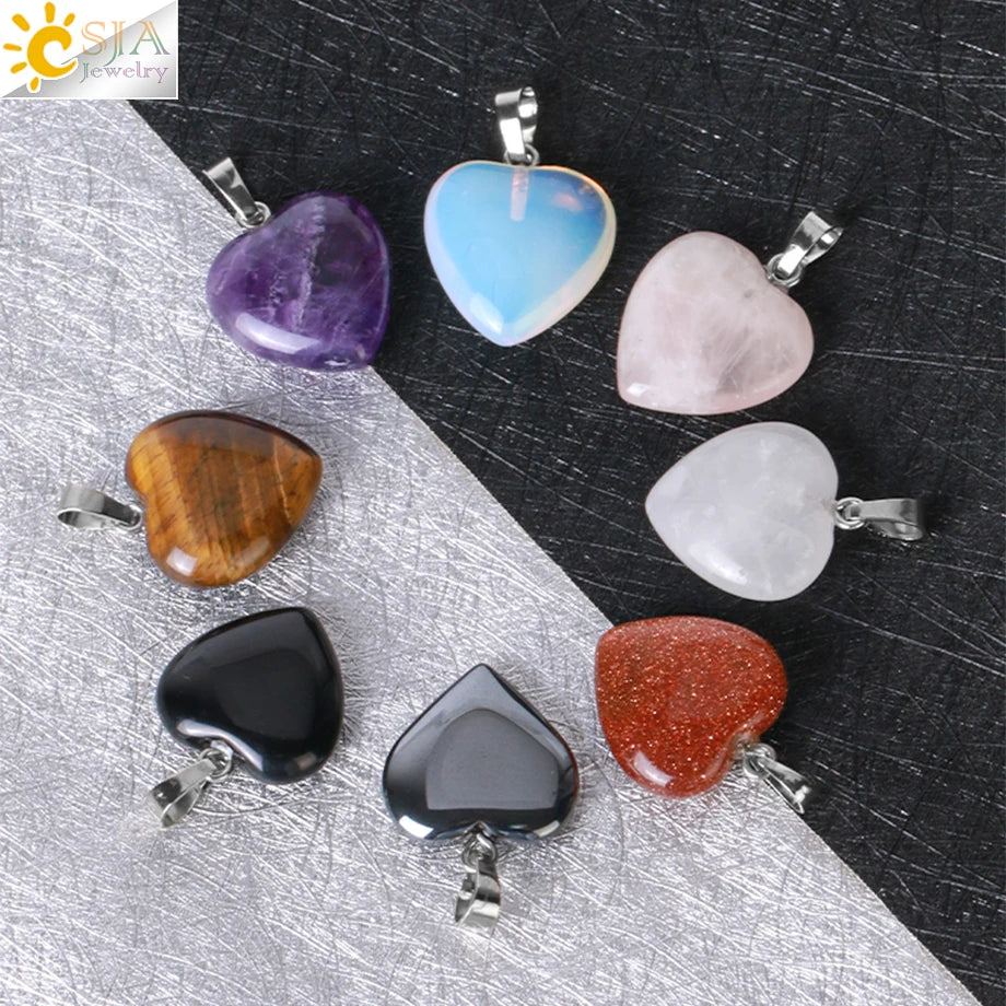CSJA Heart Crystals Natural Stone Necklaces  Pendants Women Carnelian Pink Quartz Clear Amethysts Crystal Healing Necklace E594