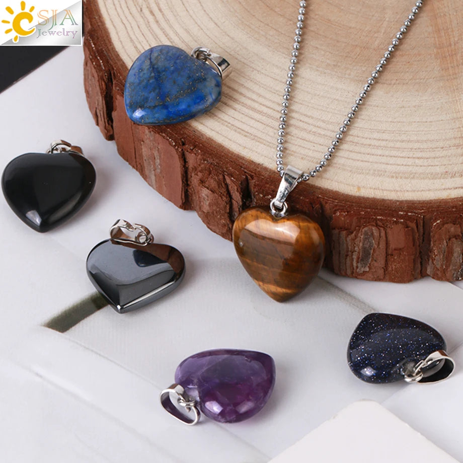CSJA Heart Crystals Natural Stone Necklaces  Pendants Women Carnelian Pink Quartz Clear Amethysts Crystal Healing Necklace E594